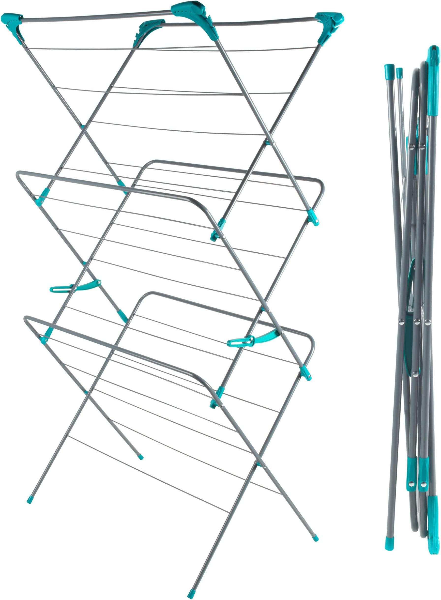 Beldray LA029005FEU7 XL Clothes Airer – Foldable Drying Rack with Additional Hooks/Clips for Hangers & Delicates, Strong Collapsible Clothes Horse, Non-Slip Feet, Extra Large 81cm Width, Blue/Grey