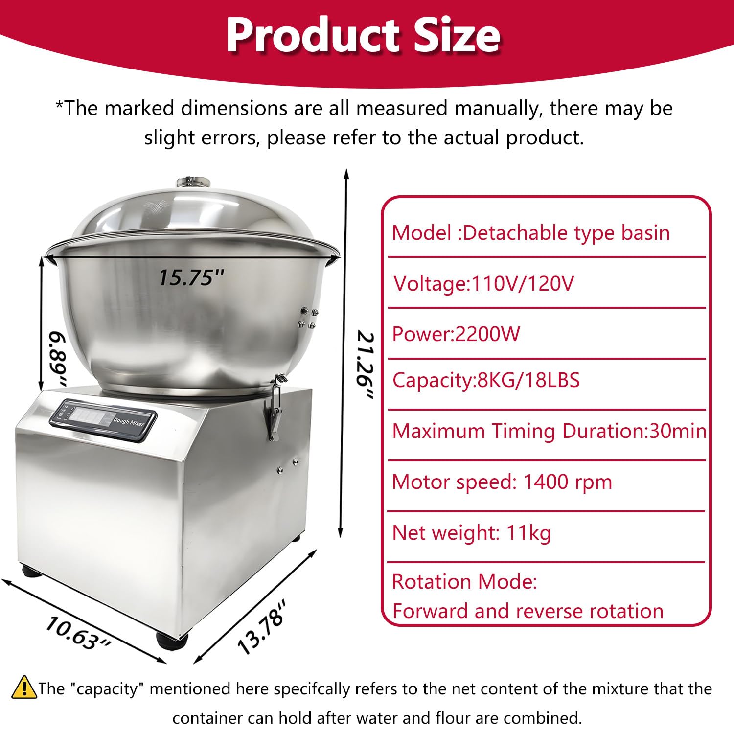 Impastatrice a Spirale Professionale in Acciaio Inox da 2200 W, 5/8 kg, con Doppia Funzione di Impasto Rotante e temporizzazione, per panetteria, Pizzeria e ristoranti. 8KG