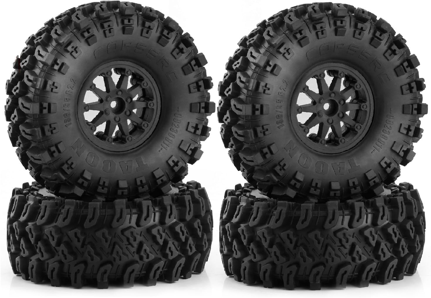 2.2 RC Crawler Tires And Wheels Beadlock Rims 1/10 RC Rubber Slingers Grappler Mud Tyres OD 136mm For 1:10 Rock Crawler Car Axial SCX10 90047 D90 TF2 Tamiya CC01 Traxxas TRX4 RGT 4PCS (Black)