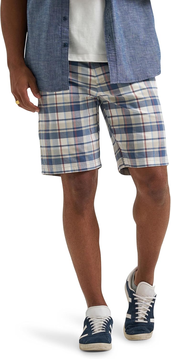 Lee Men's Extreme Motion Flat Front Short, Slate Gray Plaid, 34