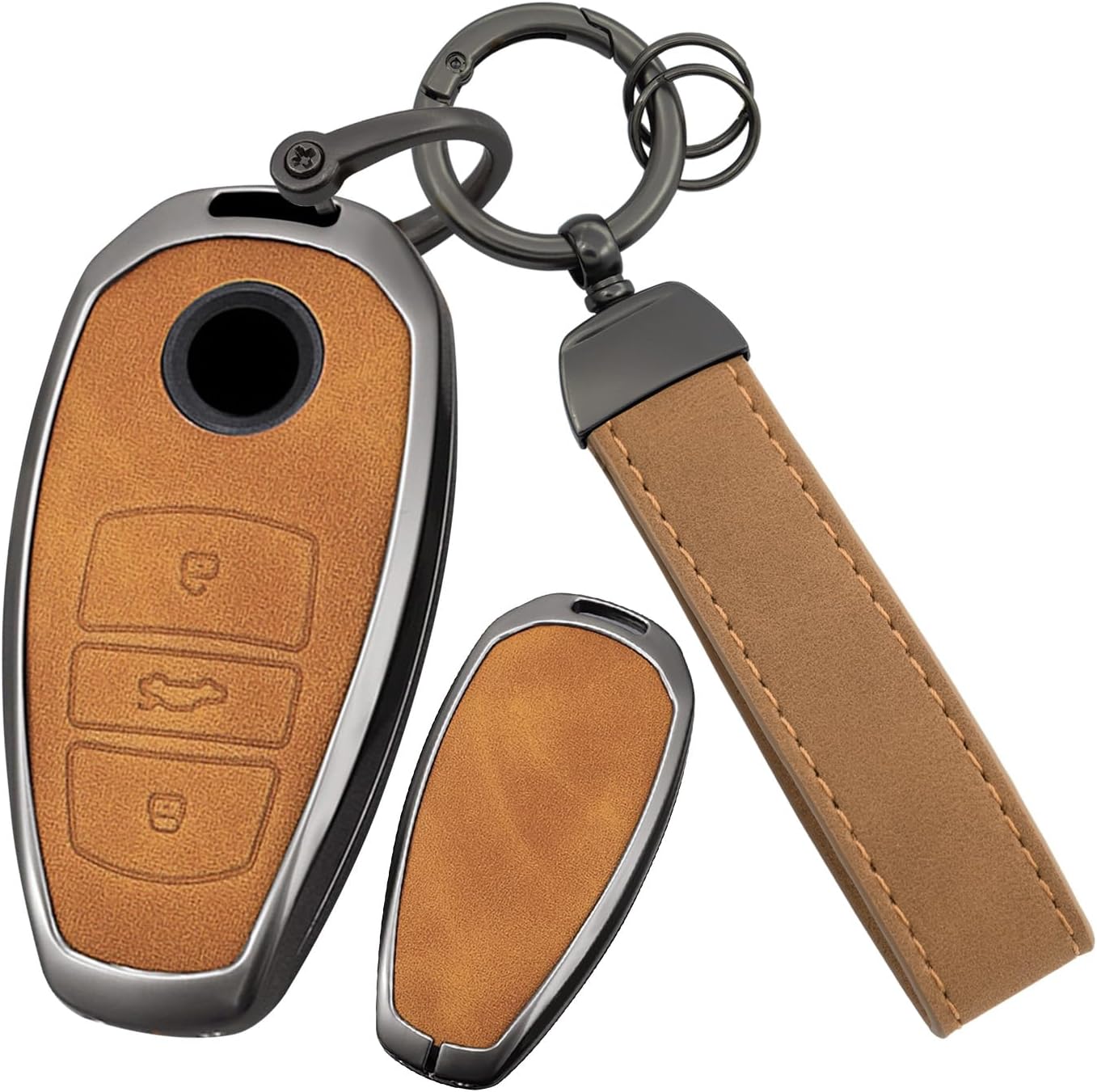 ontto Car Key Case with Keychain Compatible with Volkswagen Touareg 2010 2011 2012 Metal Key Protector Fit for VW Touareg 2013 2014 2015,Leather Key Fob Holder Fit for Touareg 2016-2017,Grey