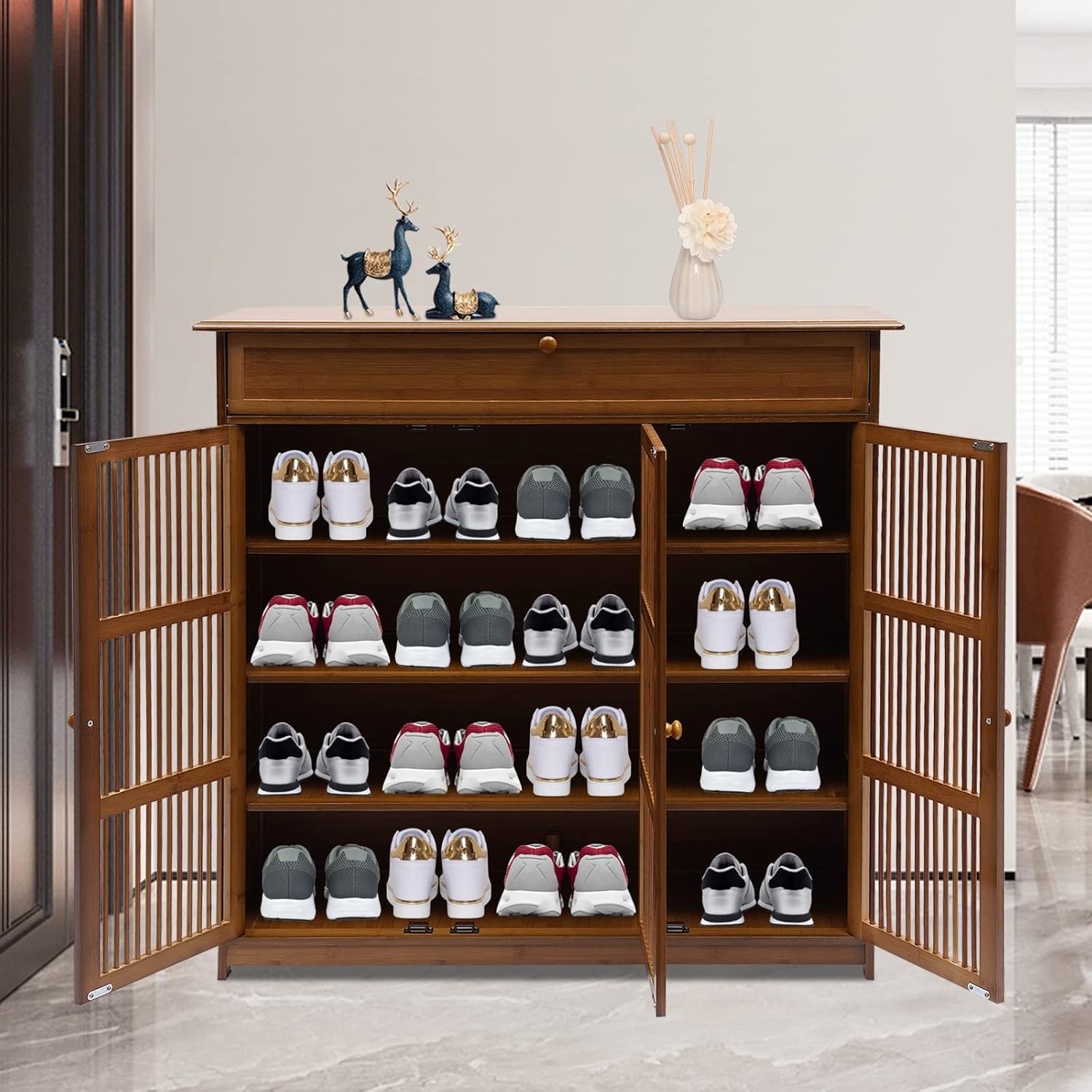 3 Tier Bamboo Shoe Rack 3Door Free Standing Shoe Storage