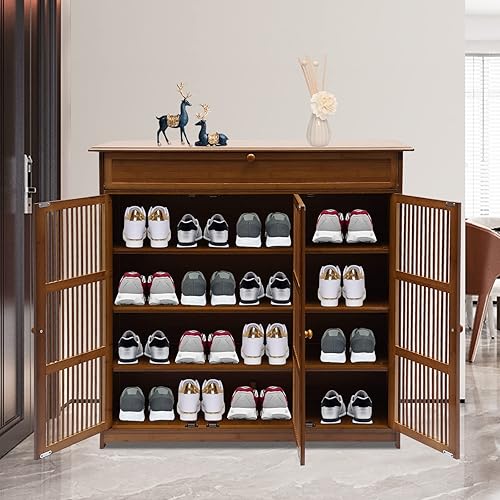 Miniatura 2 de LUOSHALIYA Gabinete de almacenamiento de zapatos de bambú de 3 niveles, organizador de zapatos con 1 cajón y puerta de persiana, estante para