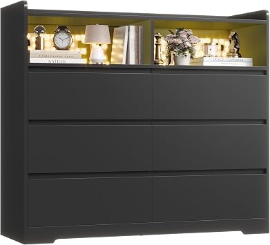 FOTOSOK Black Dresser, Dresser for Bedroom, 6 Drawer Chest of Drawers
