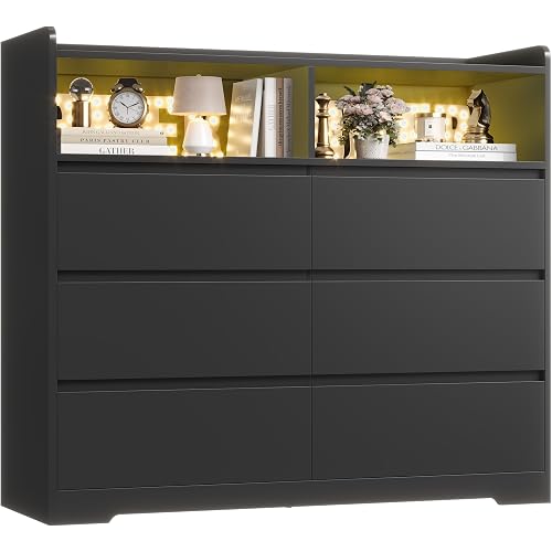 FOTOSOK Black Dresser 6 Drawer, 47.2" Dresser for Bedroom Chest of Drawers with 2 Open Cabinets, Wood Dresser Modern Dresser Storage Drawers for Home & Office