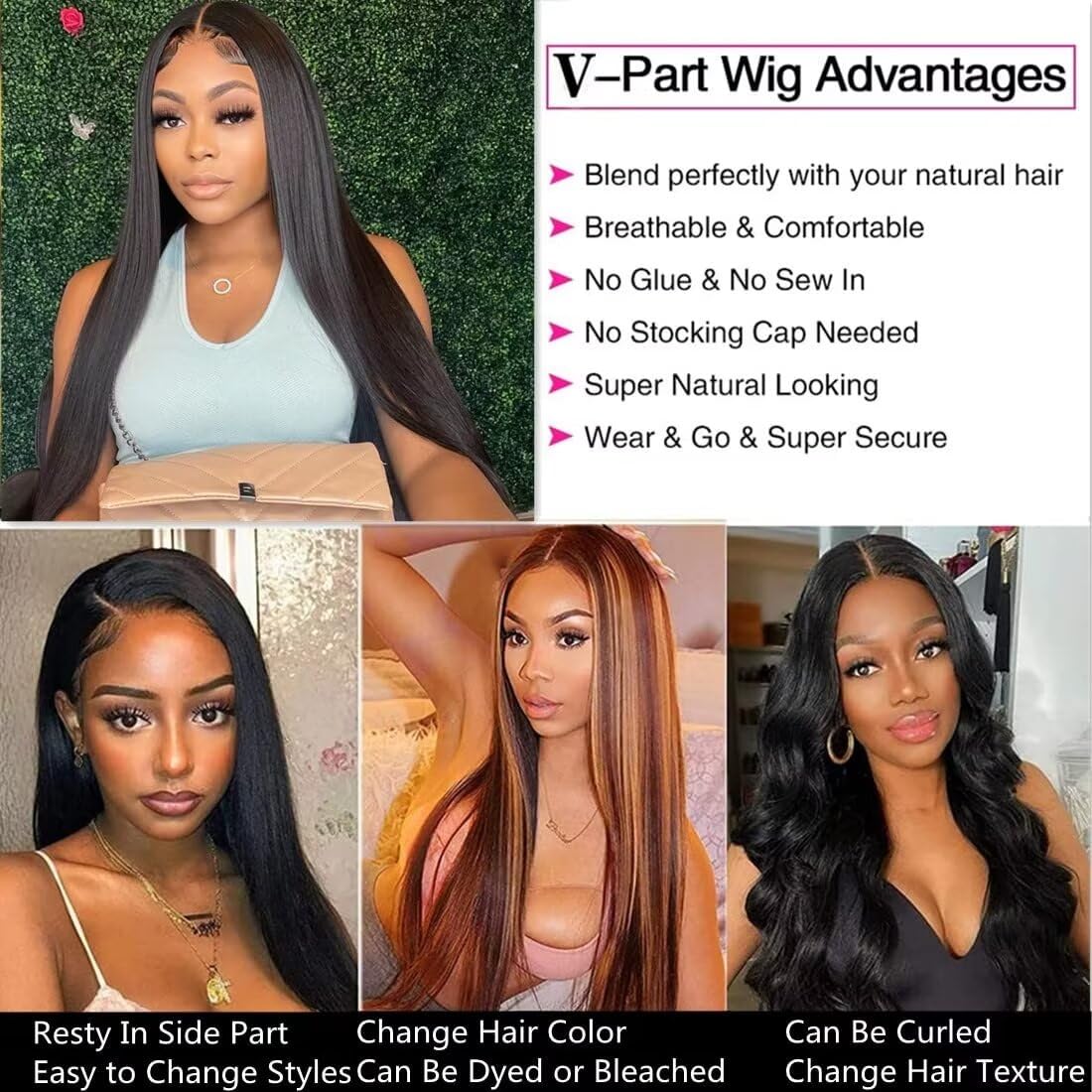Parrucca Donna Human Hair V Part Straight Wig - 180% Density Glueless Upgrade Wear and Go U Part Capelli Veri Umani - 22 Pollici