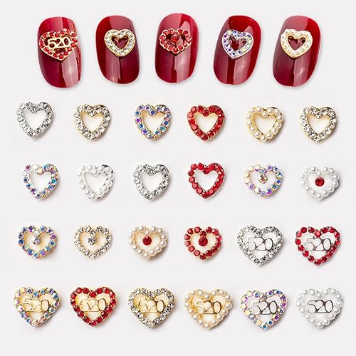 24 dijes de uñas de corazón 3D con diamantes de imitación diamantes de imitación de cristal aleación de oro rojo y plata diseño de gemas de corazón