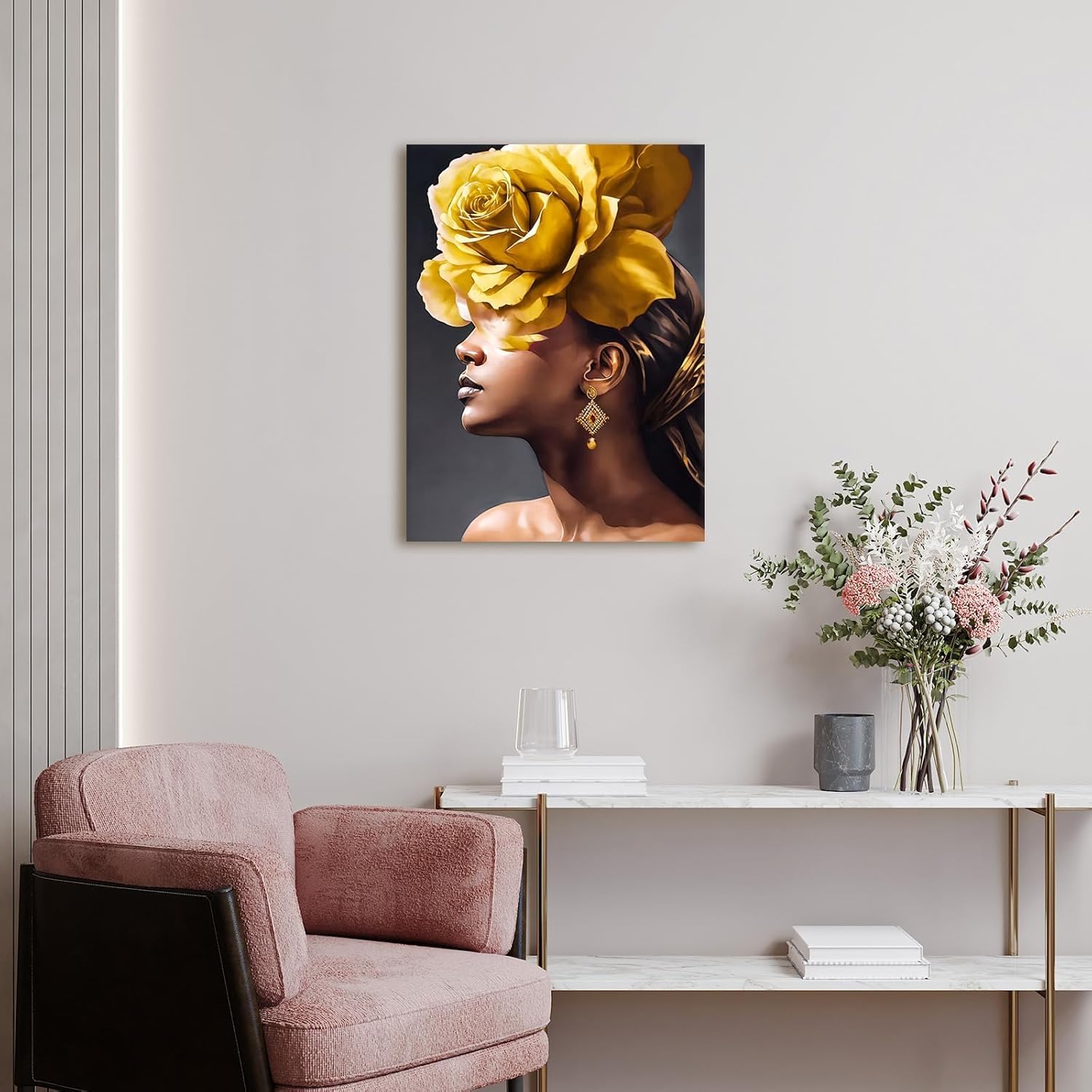 daktenn Canvas Wall Art African American Women Wall Decor Black Woman Yellow Hair Beauty Abstract Painting Canvas Prints Living Room Bedroom Bathroom Home Decoration African Wall Art, 24x32 Inches