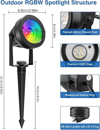 RGB Spot Lights Outdoor, LED Color Changing Landscape Lighting, Waterproof Spotlight with US Plug for Yard Garden Tree Path House Halloween Christmas Decoration (2 Pack)