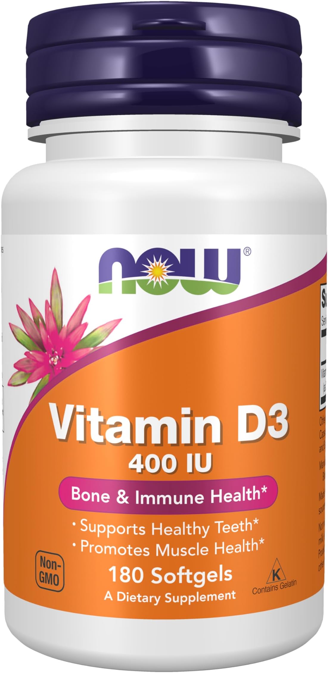 NOW Supplements, Vitamin D-3 400 IU, Strong Bones*, Structural Support*, 180 Softgels