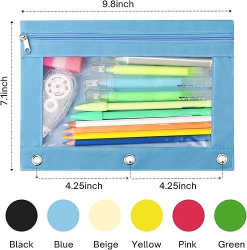 Miniatura 9 de ACRSIKR Estuche para lápices de 3 anillos, con cremallera, estuche para lápices, estuche para cosméticos, paquete de 2 unidades, color negro,