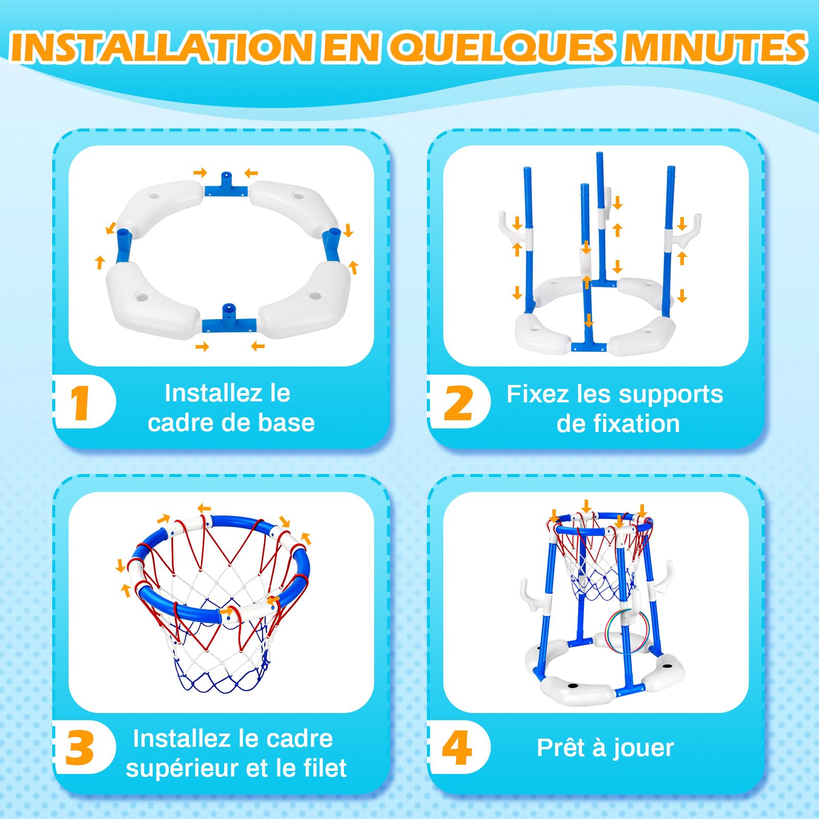 Panier Basket Flottant, 2-en-1 Panier Basket Piscine, Ensemble de Basketball à Eau avec 2 Ballons, 12 Anneaux et Pompe, Jouets Basketball Aquatiques pour Enfants et Adultes