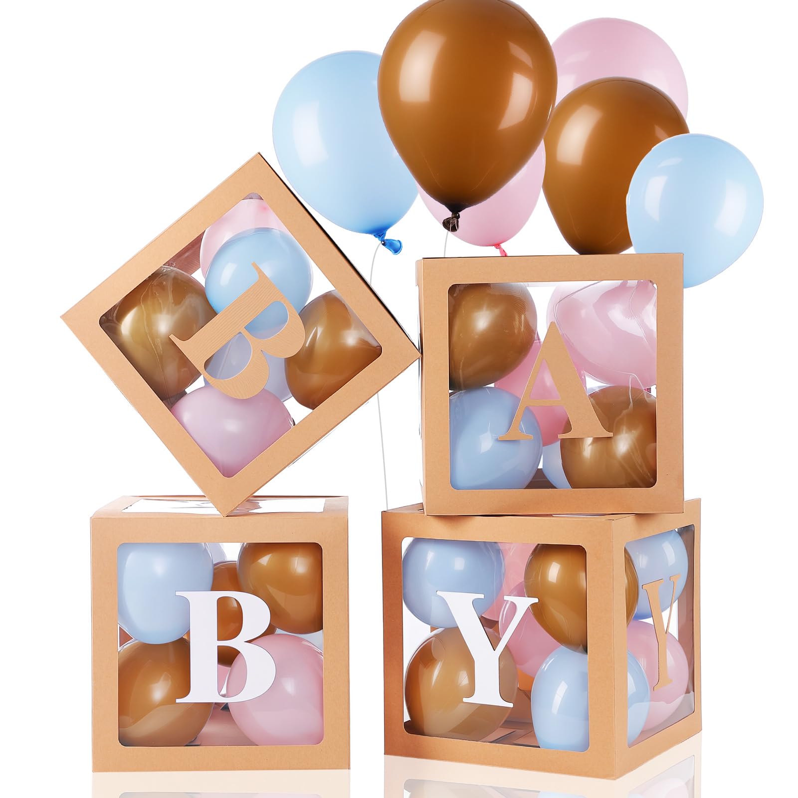Zhanmai Baby Boxes for Bear Baby Shower Decoration with 4 Letters 36 Balloons 4pcs Transparent Clear Balloon Box Blocks for Boy Girl Balloon Boxes