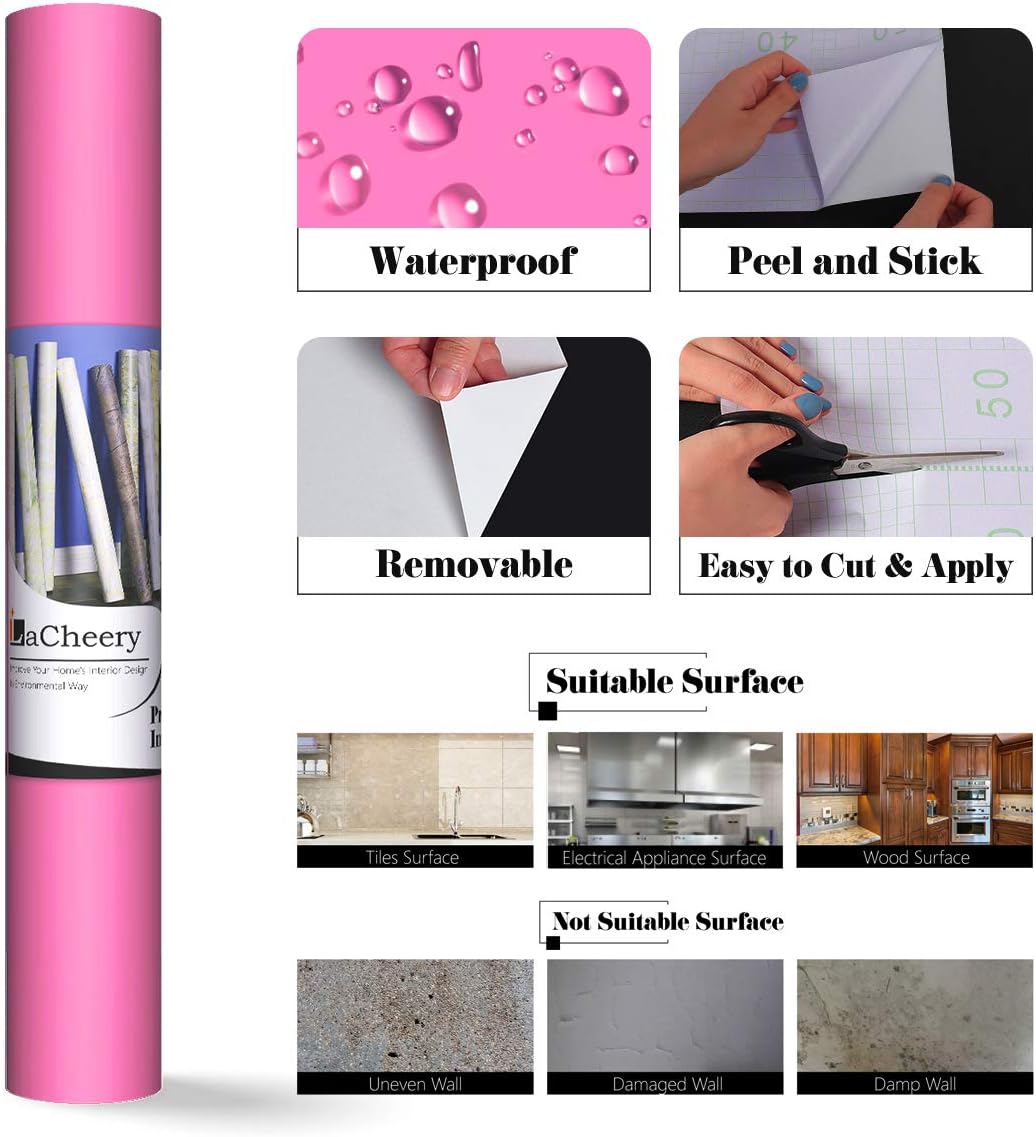 LACHEERY Pink Contact Paper 12"x160" Solid Textured Wallpaper Stick and Peel Pink Wall Paper Roll Peel and Stick Wallpaper Decorative Self Adhesive Vinyl Paper for Girls Bedroom Dresser Drawer Liners