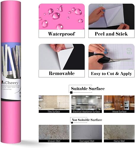 Miniatura 7 de LACHEERY Papel tapiz rosa puro sólido para despegar y pegar para dormitorio de niñas, papel de contacto rosa texturizado temporal, papel de pared