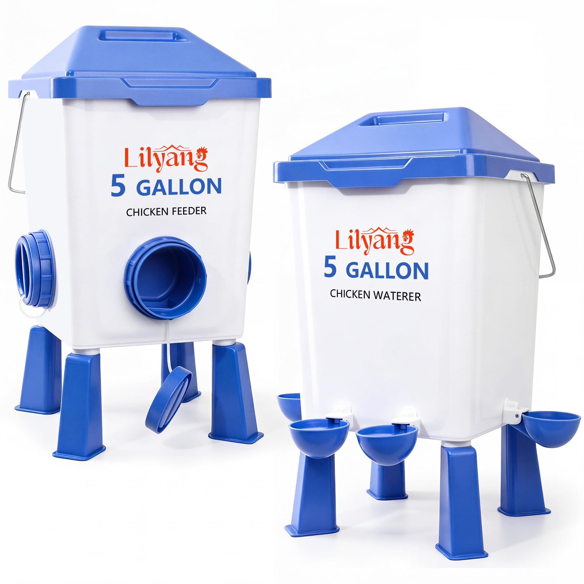 Lilyang Juego de comedero y bebedero grande de 5 galones, alimentador automático sin residuos, dispensador de agua elevado con patas, puertos antiderrames y tazas a prueba de fugas, alimenta pollos y