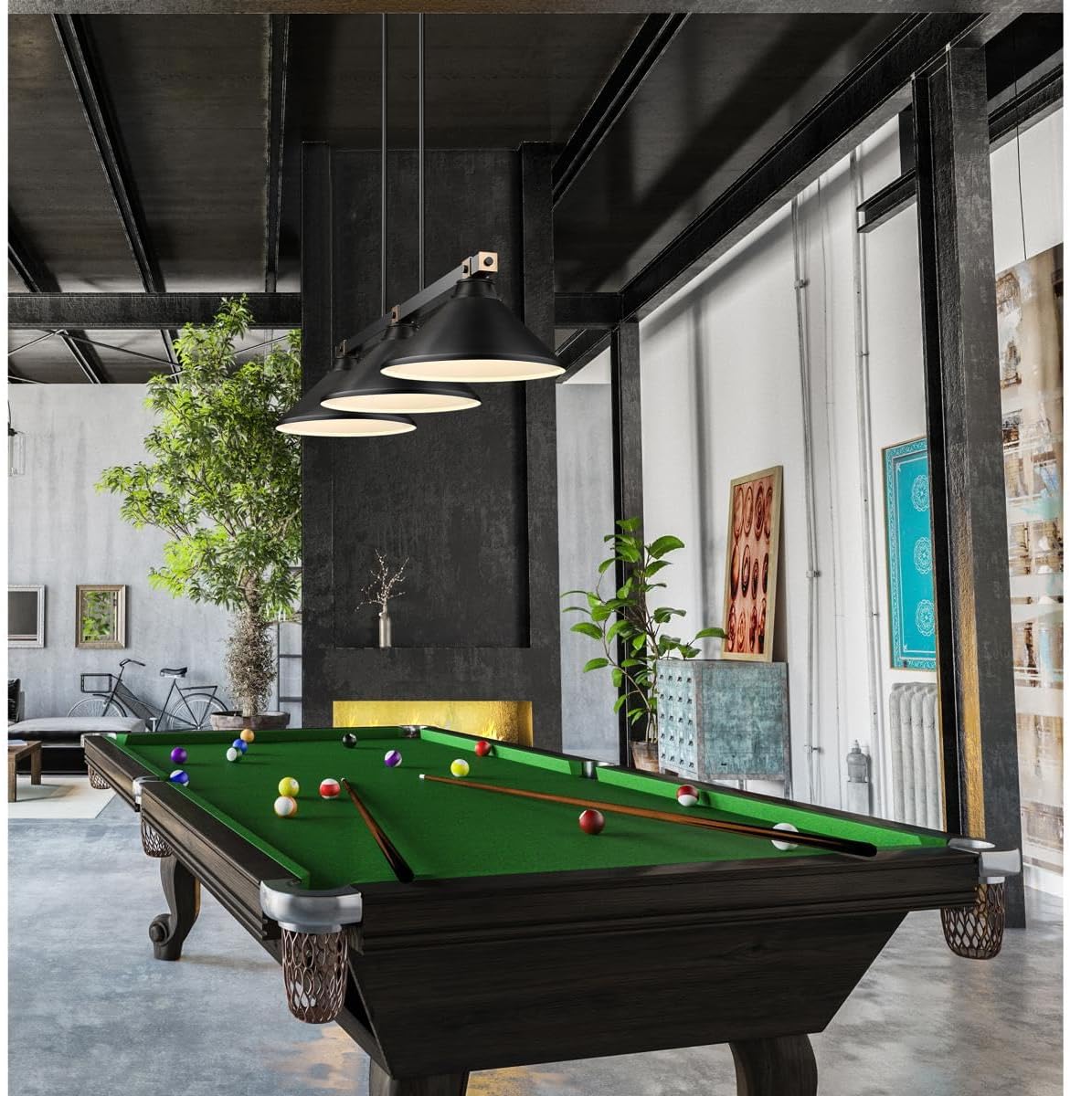 Three-Light Billiard Pendant in Matte Black and Rubbed Brass by Z-Lite