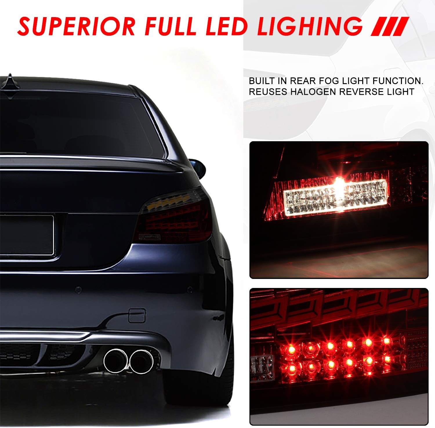 Auto Dynasty Rear Tail Light Compatible with 2004-2007 BMW E60 525 530 545 550, Driver and Passenger Side OLED Sequential Brake Lamp, Smoked Lens