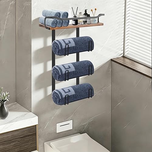 Miniatura 2 de NearMoon Toallero con estante de madera, soporte organizador de toallas de metal inoxidable para almacenamiento de baño, montado en la pared (1