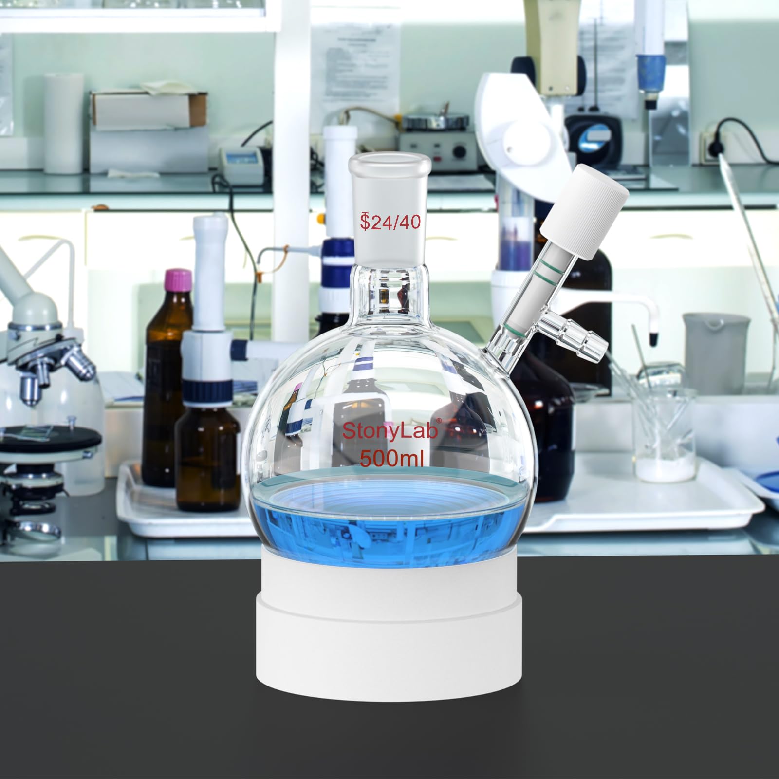 stonylab Vidrio Matraz de Schlenk, 24/40 Junta Reacción Libre de Aire Frasco de Schlenk de Fondo Redondo y Pared Gruesa, Round Bottom Schlenk Flask con Conexión para Manguera de 10 mm, 500ml