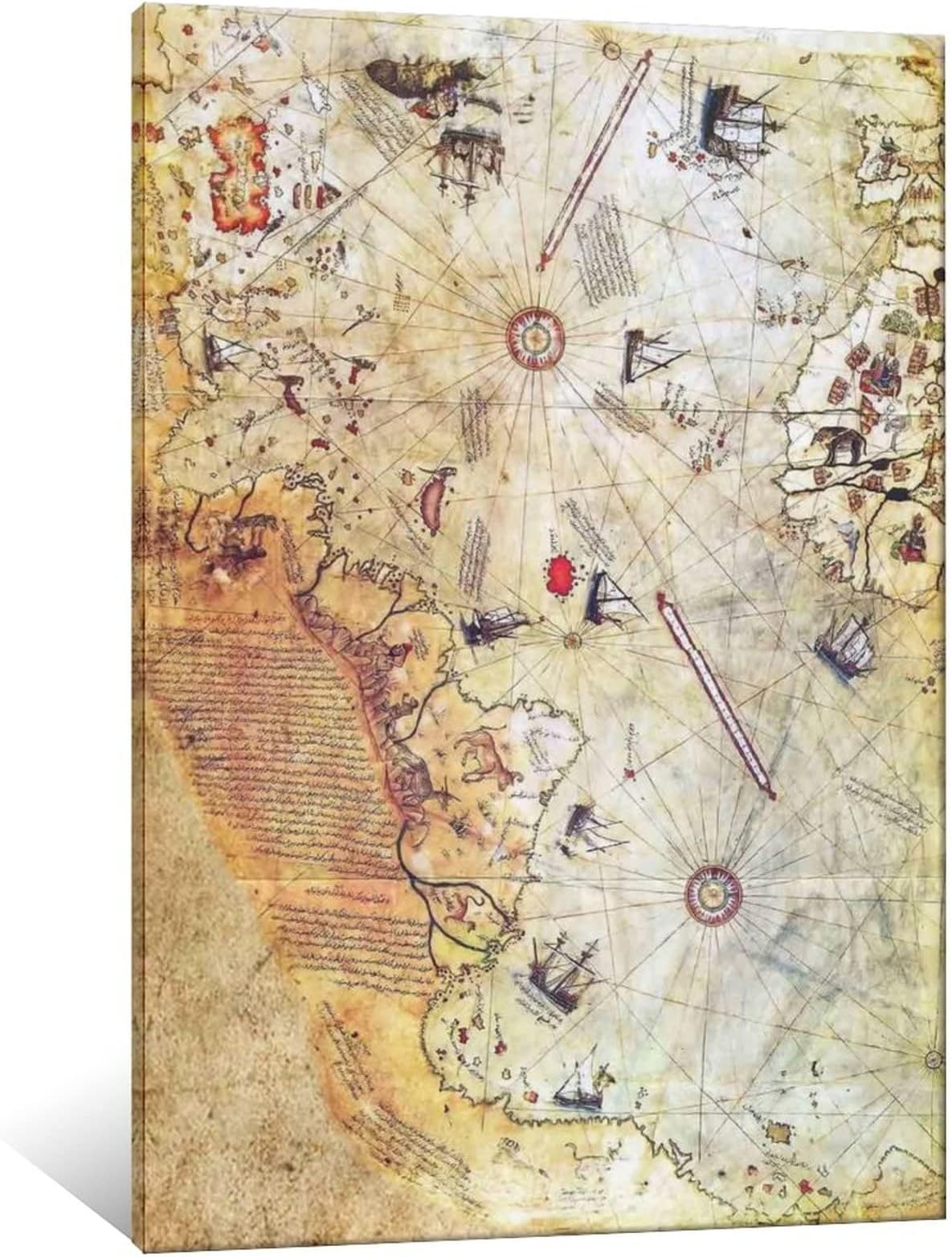 Antique Map Canvas Art, Map Poster, Vintage Map Art, Piri Reis Art, Trendy Artwork, World Map Canvas Art, Canvas Painting Posters And Printed Wall Art Posters for Living Room And Bedroom Party Decorat