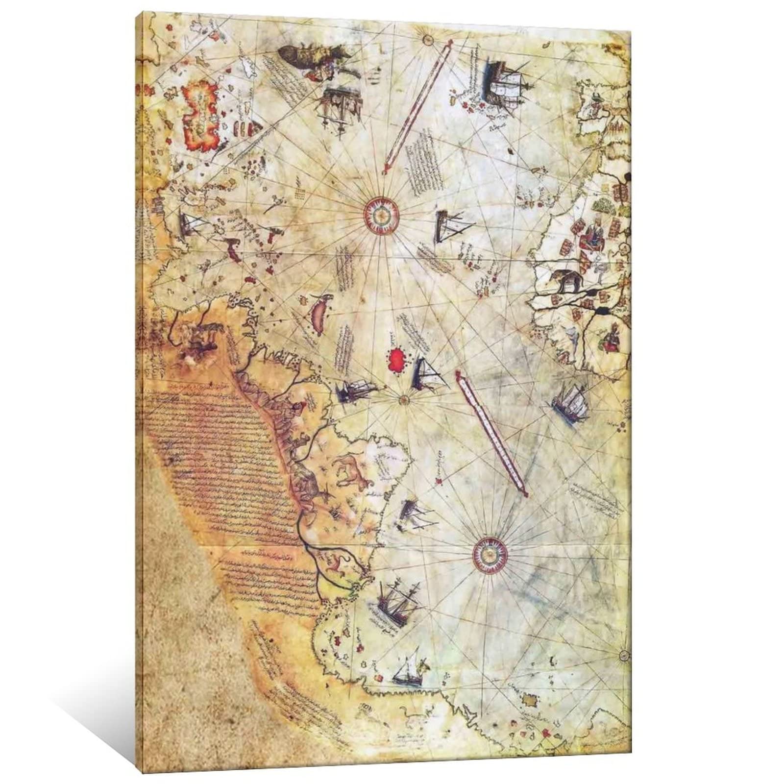 Antique Map Canvas Art, Map Poster, Vintage Map Art, Piri Reis Art, Trendy Artwork, World Map Canvas Art, Canvas Painting Posters And Printed Wall Art Posters for Living Room And Bedroom Party Decorat