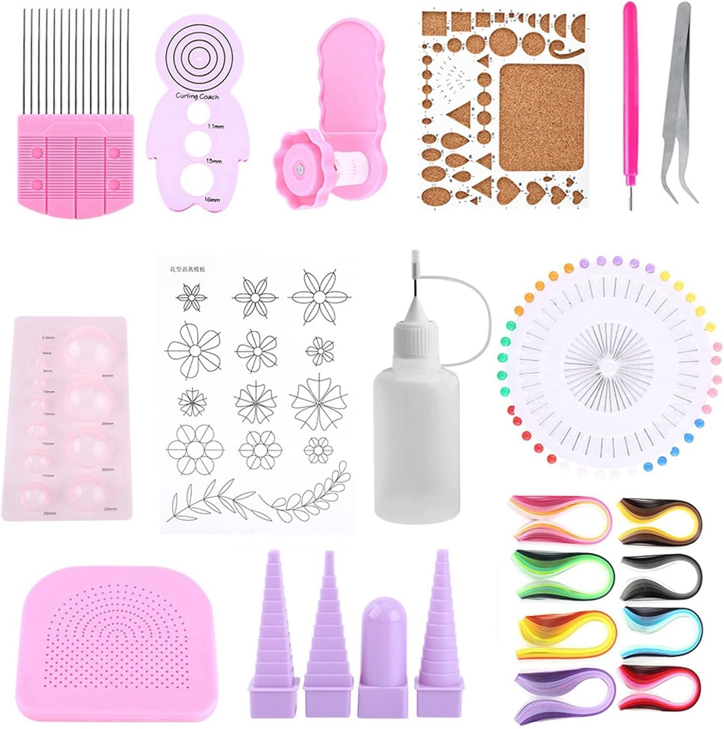 Quilling Paper Craft Kit with Slotted Tools, Stainless Steel Tweezer, Colorful Strips, Quilling Board, Curling Training, for Creative Decorations