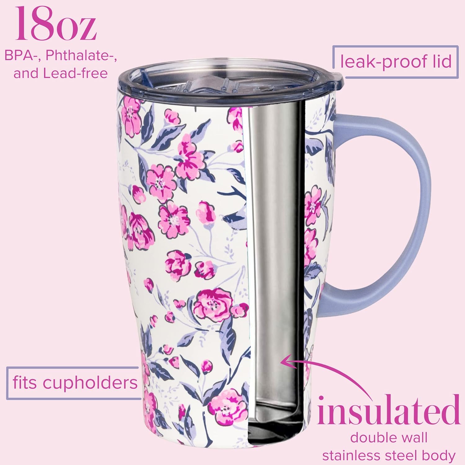 Insulated Coffee Mug with Handle, 18 Ounce Stainless Steel Tumbler with Lid, Pink Floral Metal Thermal Cup, Hummingbird Ditsy - Image 4