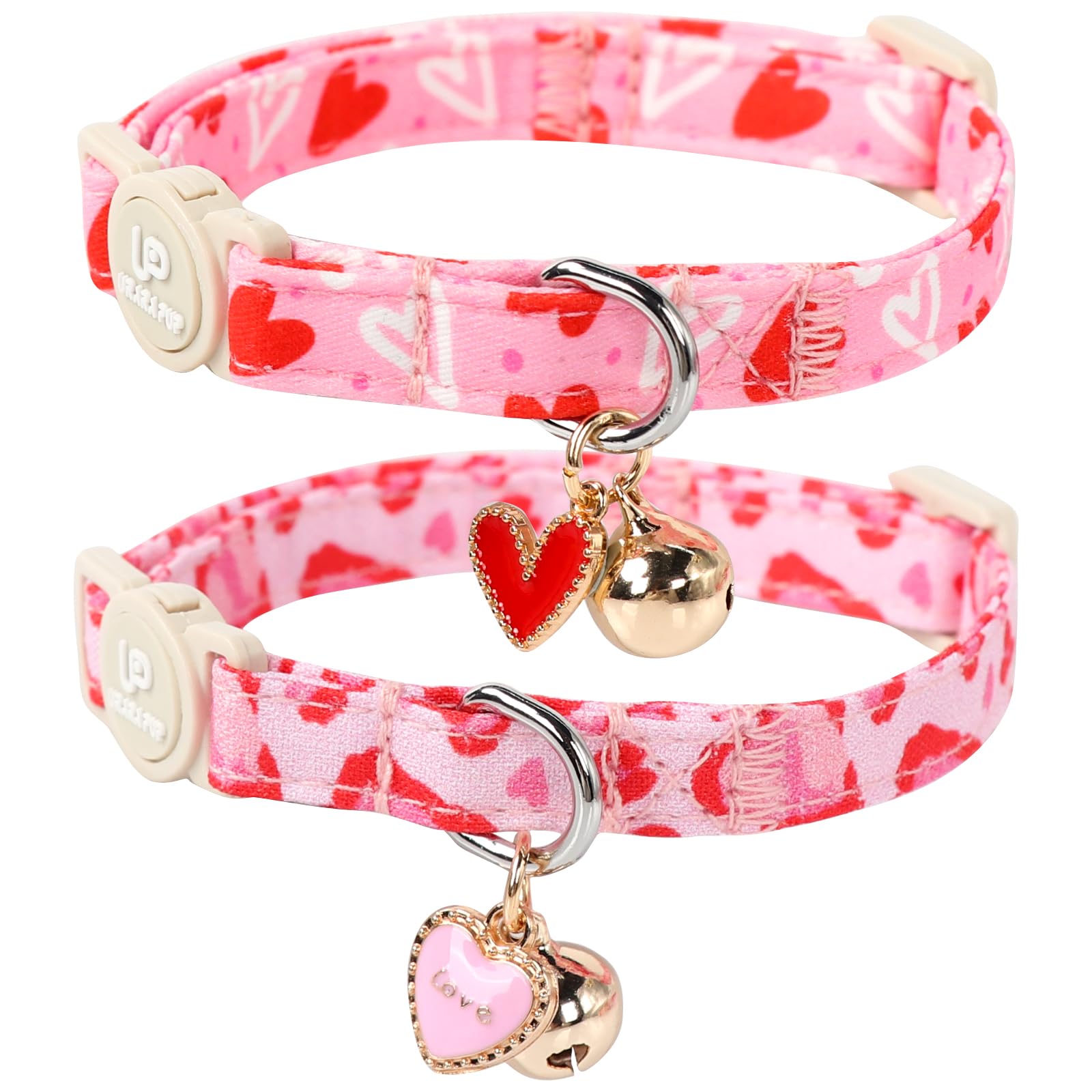 Collar De Gato, Paquete 2 Collares Gatito Para El Día San Valentín, Lindo Gato Con Campana, Corazón Corazones Rosados, Gatito, Rojo