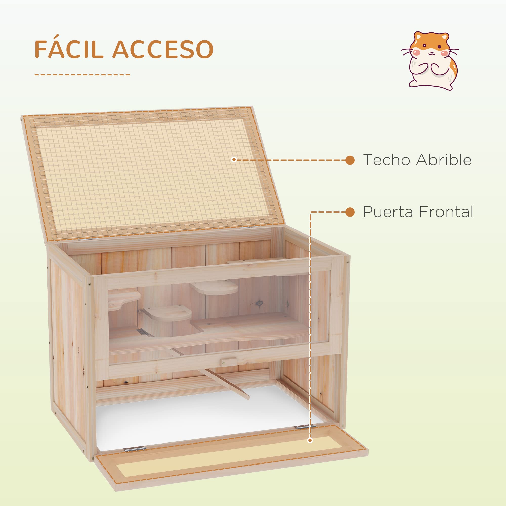 PawHut Jaula Madera para Hámster Ratoncillos Roedores Casa para Animales Pequeños 2 Niveles 60x35x42cm