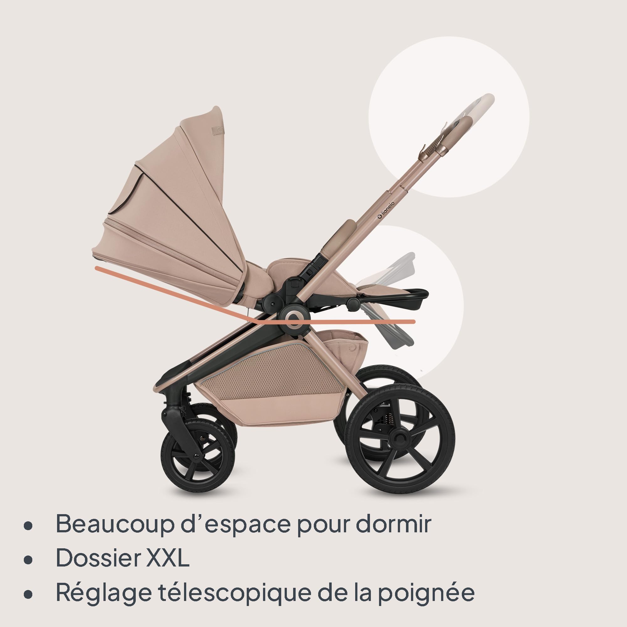 Lionelo Freya Poussette 2en1 (0-4 Ans, 0-22 Kg), Nacelle Pliable et Poussette Bebe, Position Allongée, Suspension et Roues PU, Capote UPF50+, Boucle Magnétique, Ventilation, Accessoires (Beige)