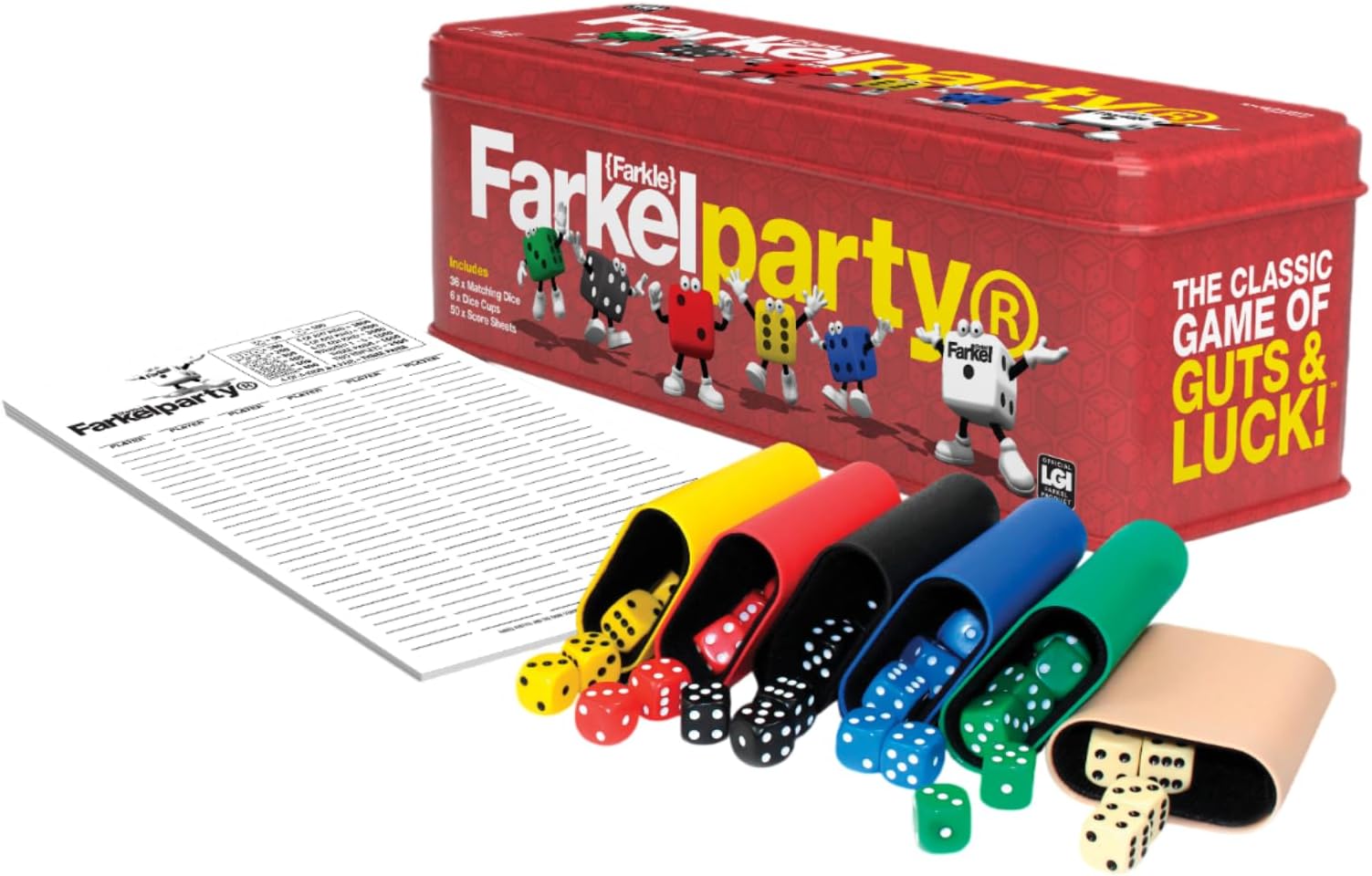 Farkel Party Classic Dice Game | Official Licensed Farkle Set | 36 Dice, 6 Cups, Score Sheets & Storage Tin | Travel Dice Game for Family Game Night | 2+ Players, Ages 8+