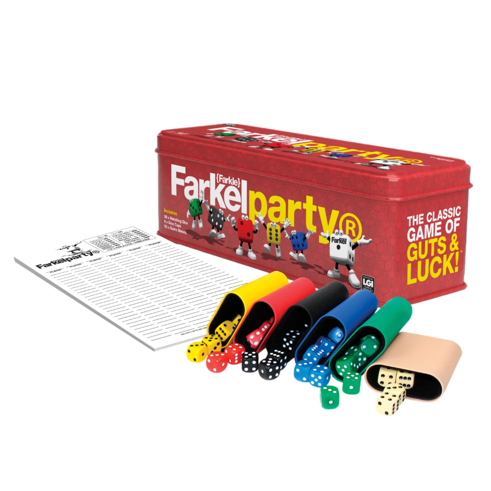 Farkel Classic Dice Game | Official Licensed Farkle Set | 36 Dice, 6 Cups, Score Sheets & Storage Tin | Travel Dice Game for Family Game Night | 2+ Players, Ages 8+