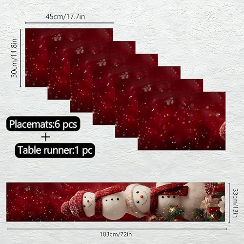 Miniatura 170 de Juego de manteles individuales y camino de mesa de muñeco de nieve y árbol de Navidad, 7 piezas (1 camino de mesa + 6 manteles individuales), diseño