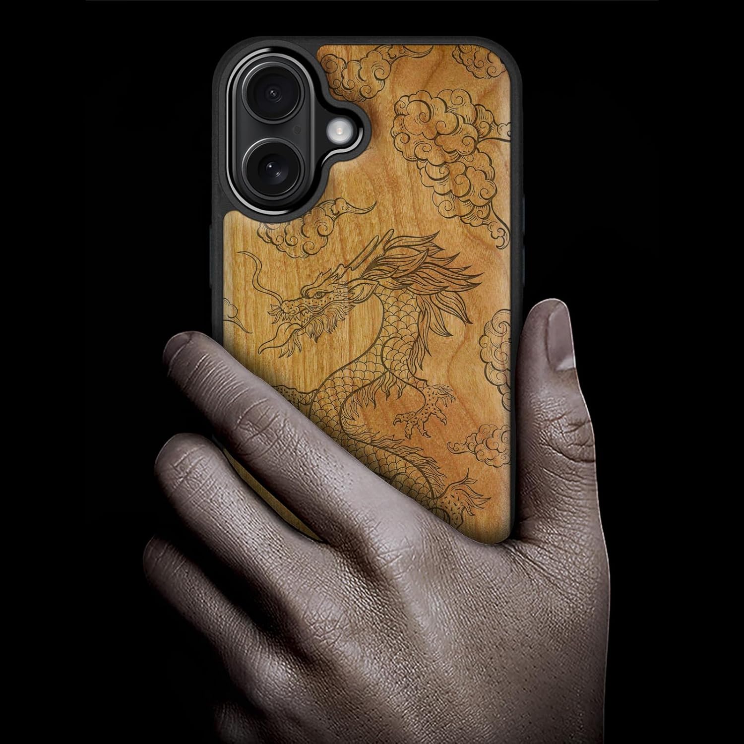 Carveit Magnetic Wooden Case for iPhone 16 Case, Wood Artisan Engraved & Black Soft TPU Shockproof Cover, Compatible with MagSafe Wireless Chargers (The Dragon's Ascent) Cherry