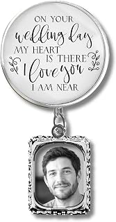 Groom's Boutonniere Pin Memorial Photo Charm for Lapel, On Your Wedding Day I'm There Silver Jewelry - Handmade White Glass Pendant Memory Picture Frame Men's Brooch - Message Card, Gift Box