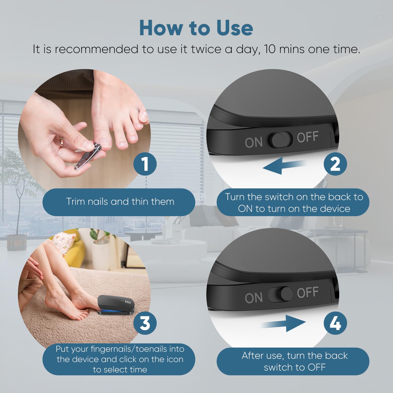 Dispositivo láser para hongos en las uñas pies, aparato laser hongos uñas, 15 LED (11 luz azul + 4 infrarroja invisible), recargable USB-C, pantalla táctil con temporizador 5/10/15/20 min-Negro