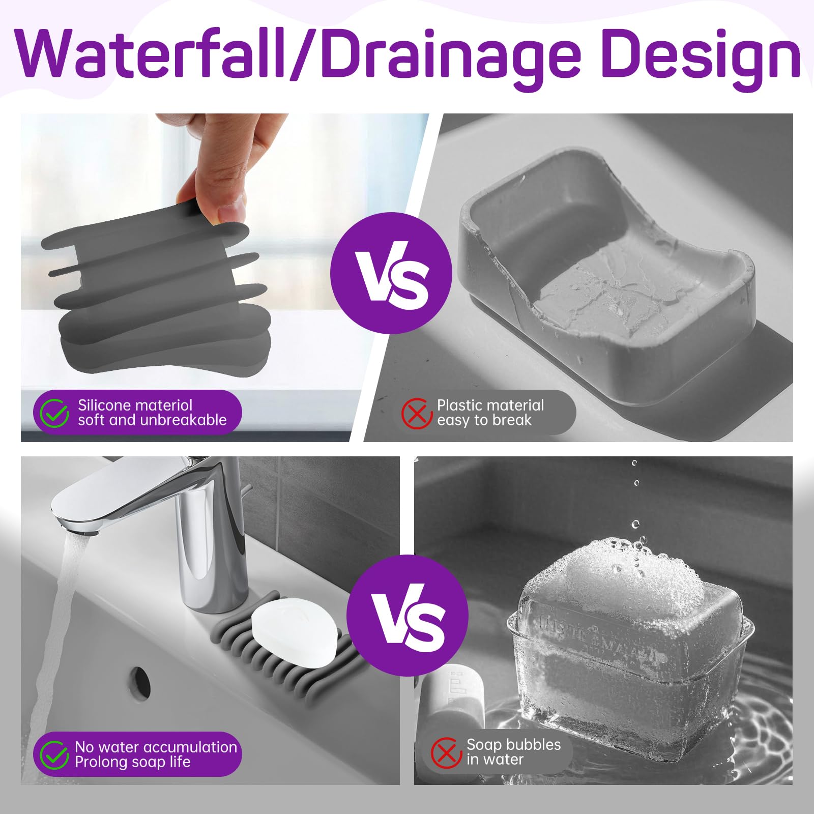 2 jaboneras de silicona autodrenantes, diseño de cascada, para baño, mantiene las barras de jabón secas y limpias, color gris