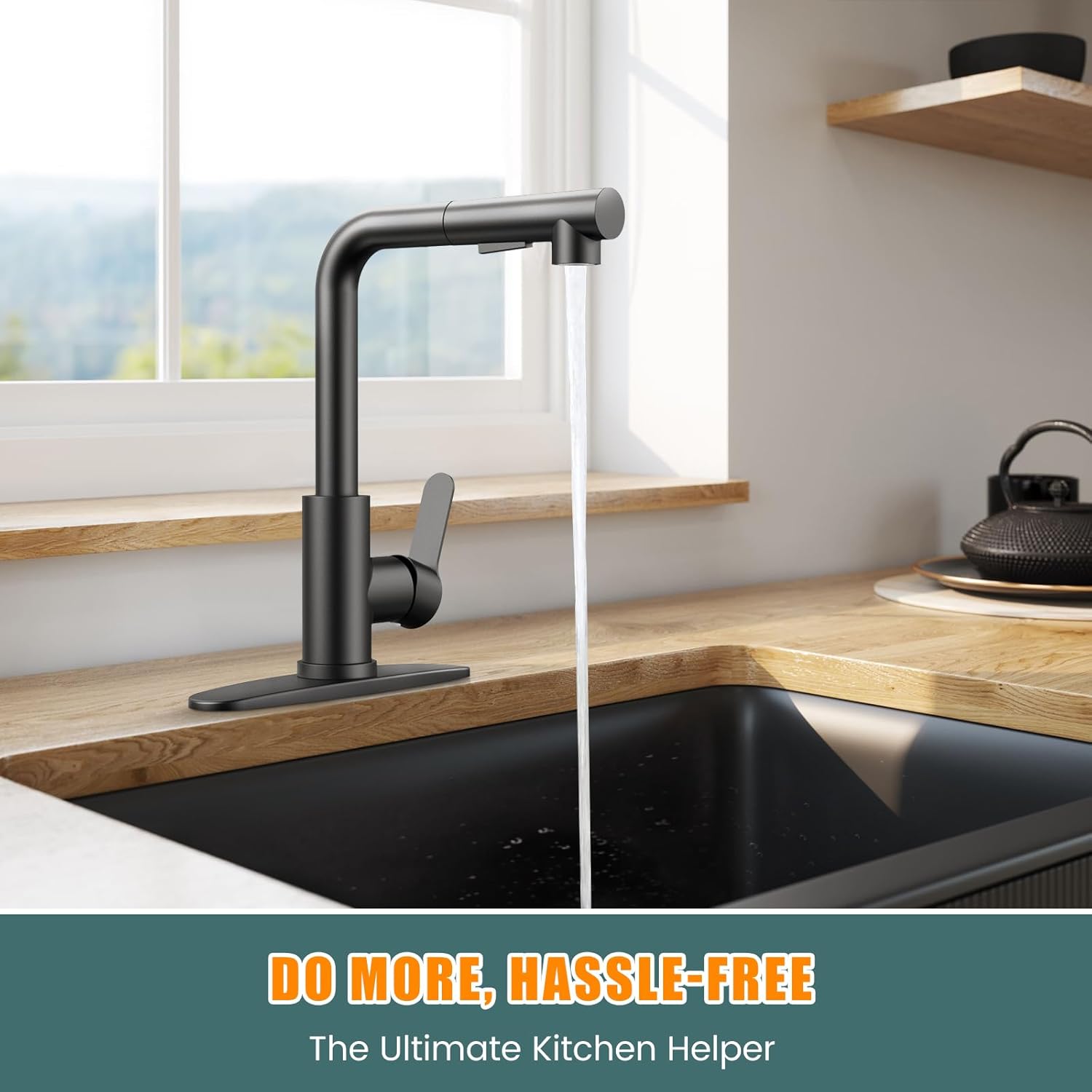 Kitchen Faucets, Kitchen Faucet with Pull Down Sprayer and Deck Plate, Stainless Steel Commercial Utility Kitchen Faucets for Sink 1-3 Hole for Bar Rv Camper Laundry Outdoor Farmhouse, Matte Black