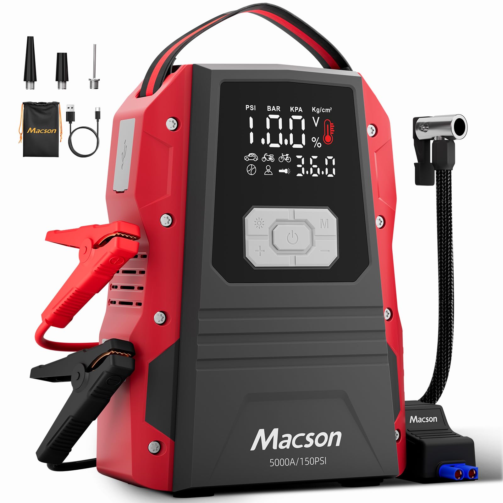 5000A Jump Starter with Air Compressor - Portable 12V Jump Box Battery Pack for 9 0L Gas 8