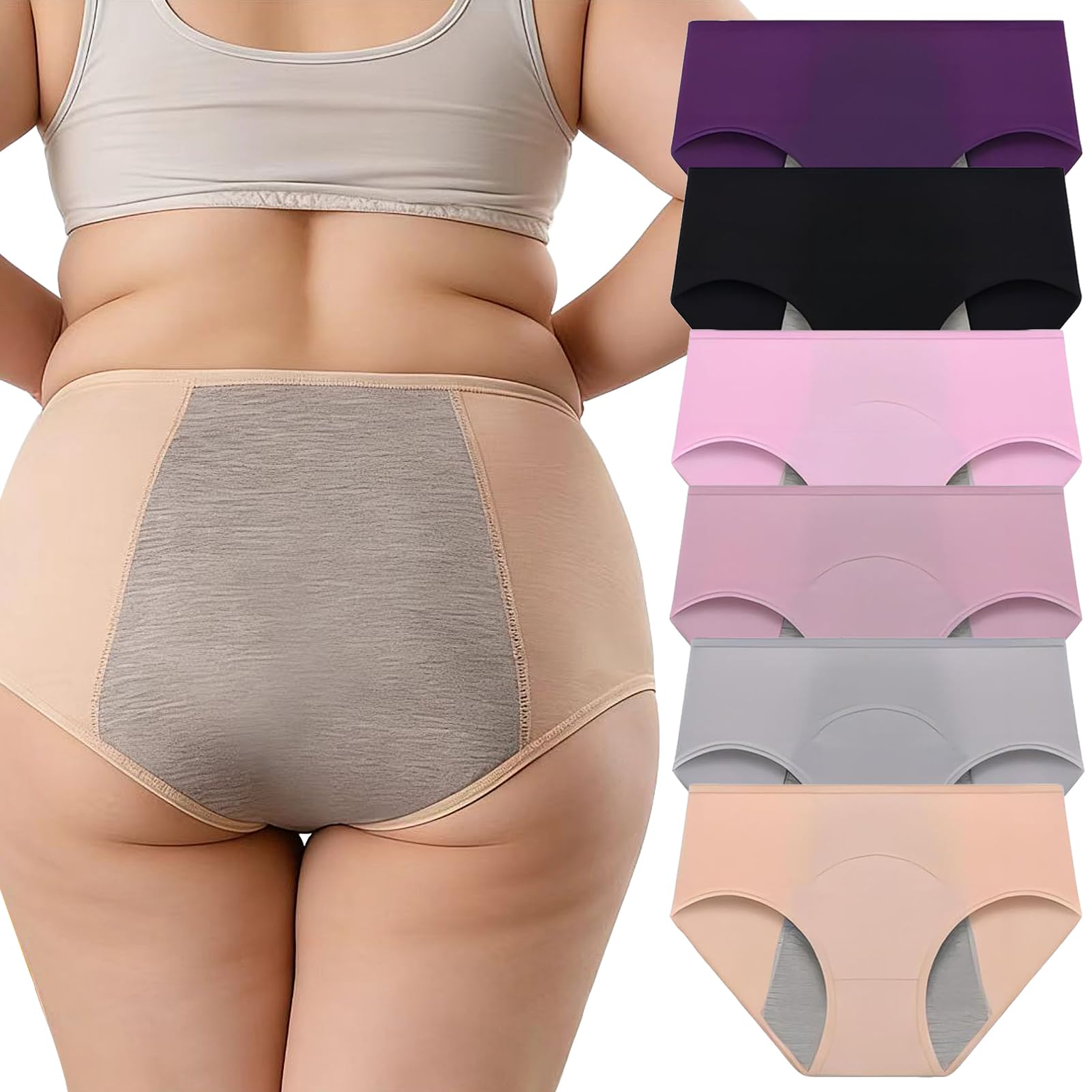 Incontinence Underwear for Women, Plus Size Women's Incontinence Panties, Cotton Overnight Protective Briefs, 6Pcs,Multi Colored,3XL