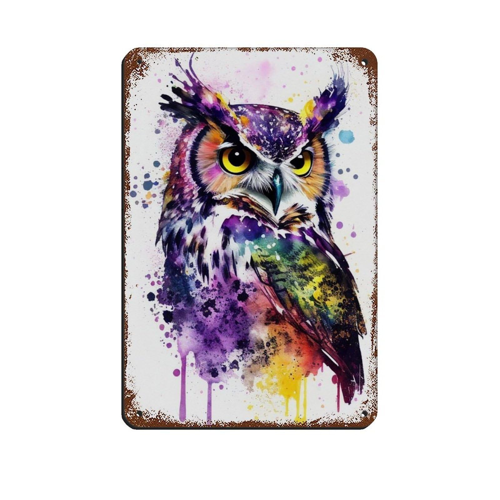 Watercolour Owl Portrait Poster Retro Poster Metal Tin Sign Chic Art Retro Iron Painting Bar People Cave Cafe Family Garage Poster Wall Decoration 8x12inch(20x30cm)