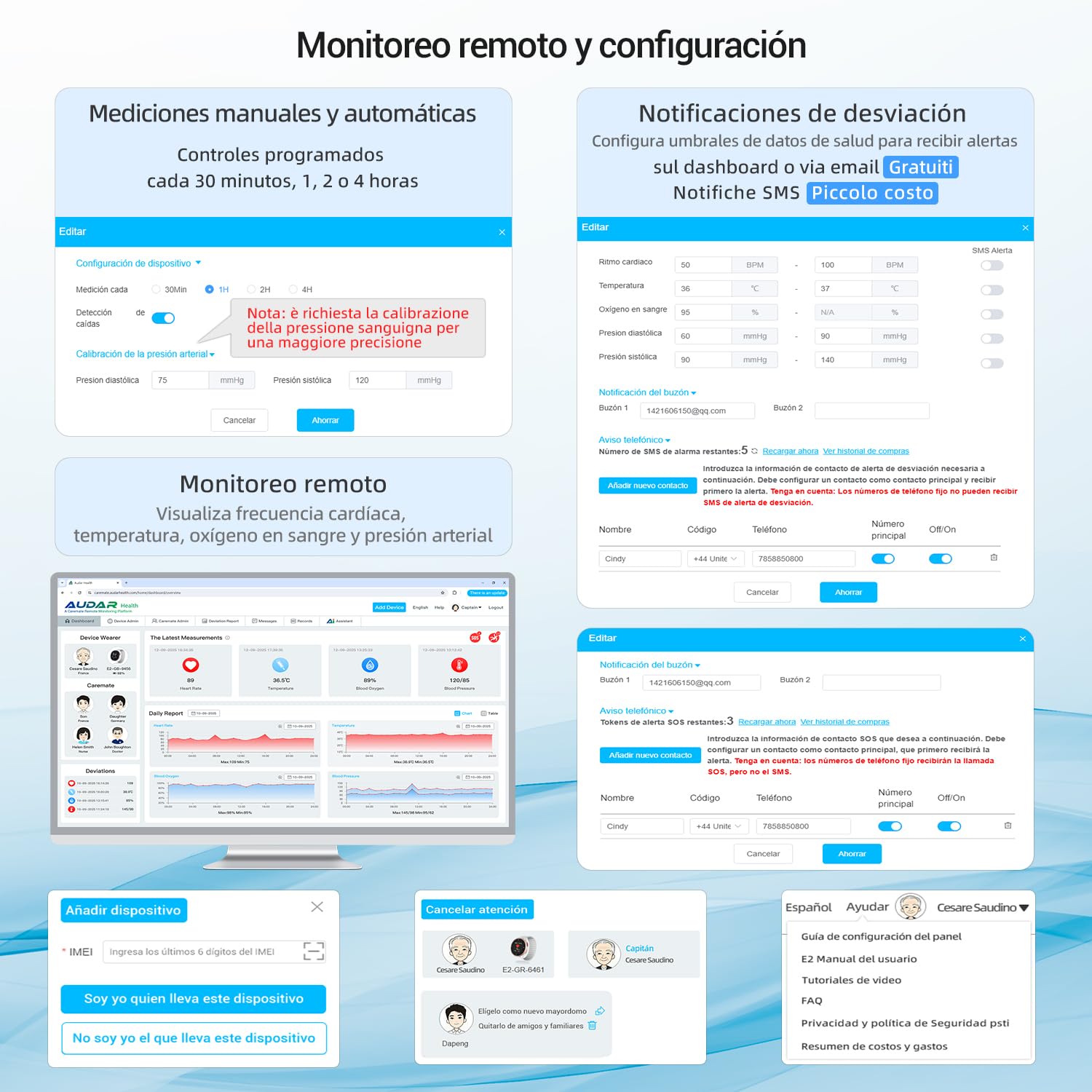 Audar E2 Reloj Emergencia Ancianos,Reloj Localizador Personas Mayores con Caídas y SOS Alerta,24/7 Presión,Ritmo Cardíaco,SpO2,Temperatura,Informe bienestar IA,Datos Vitales IoT en Panel Cloud,Sin App