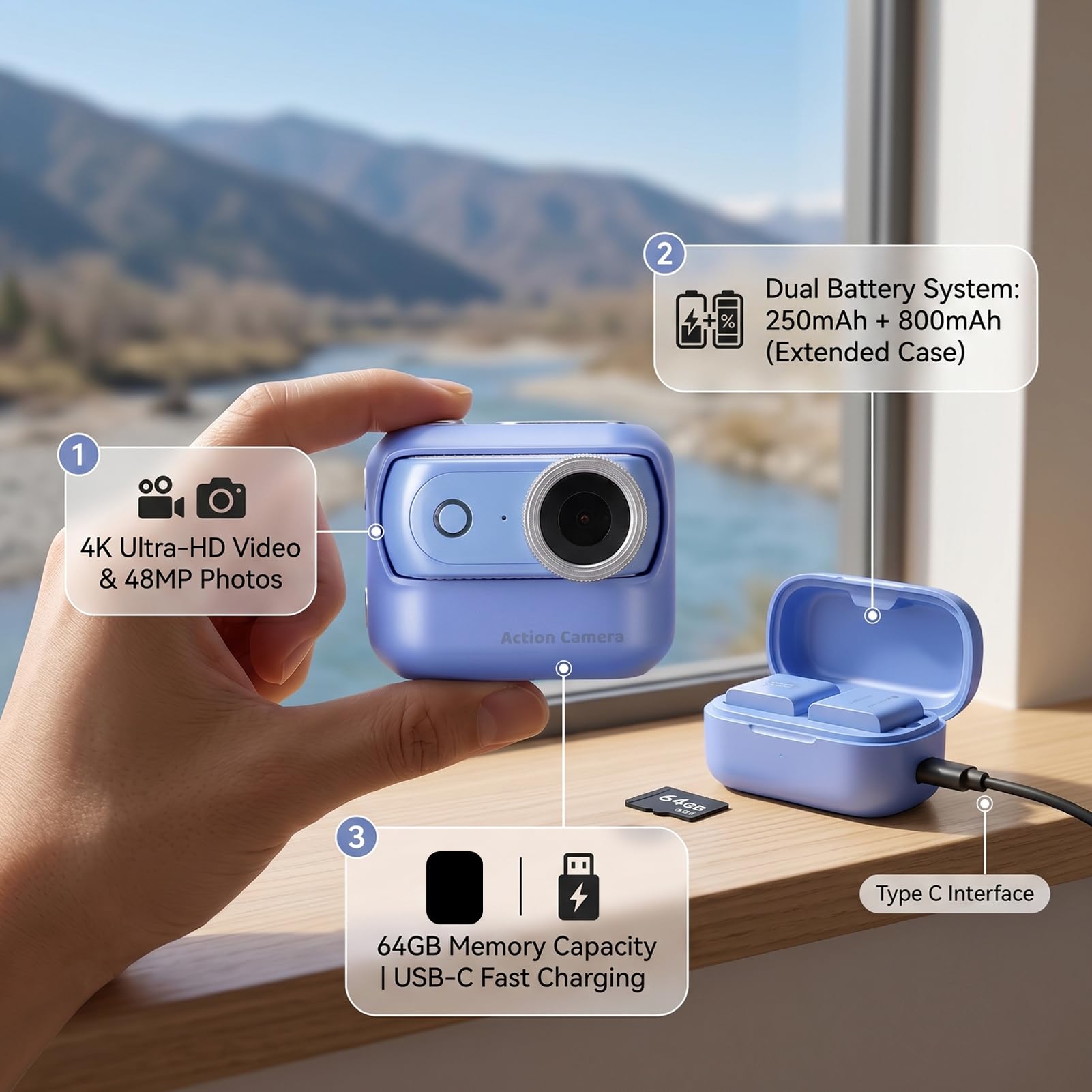 Action Cam 4K con Foto da 48MP per Vlog, Corsa e Ciclismo — Mini Sports Cam Magnetica con WiFi e Touchscreen Ribaltabile da 2,0” per Riprese POV (BLUE)