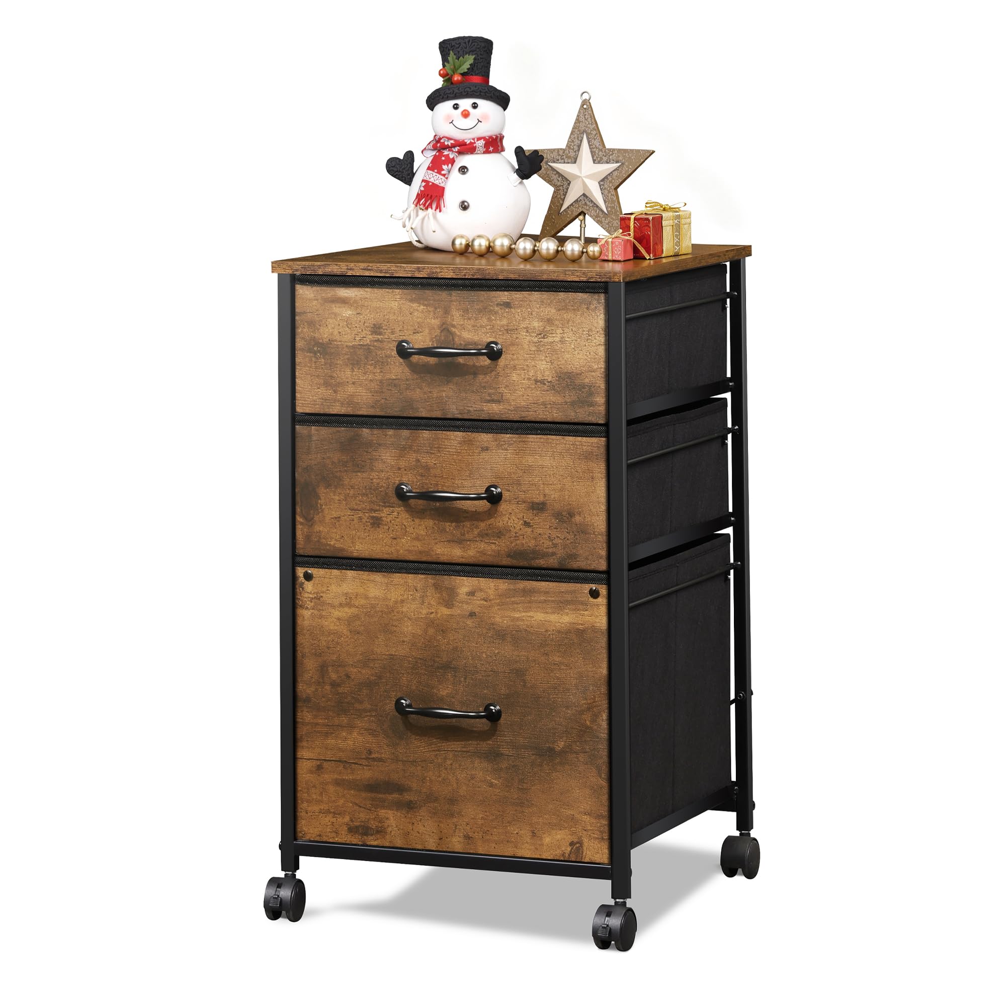 DEVAISE Mobile File Cabinet, Rolling Printer Stand with 3 Drawers, Fabric Vertical Filing Cabinet fits A4 or Letter Size for Home Office, Rustic Brown Wood Grain Print