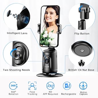 Auto Tracking Phone Holder, Auto Face Tracking Tripod, Portable All-in-one Smart Selfie Stick 360 Rotation Fast Face & Object Tracking Cameraman Robot Mount for Phone Video Vlog Live Streaming(Black)