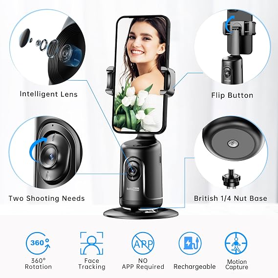 Auto Tracking Phone Holder, Auto Face Tracking Tripod, Portable All-in-one Smart Selfie Stick 360 Rotation Fast Face & Object Tracking Cameraman Robot Mount for Phone Video Vlog Live Streaming(Black)