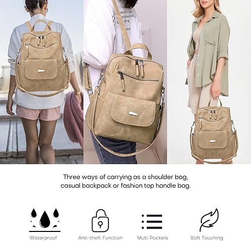 Miniatura 7 de Mochila de cuero para mujer, mochila de viaje de moda vintage, Caqui, Mochilas de viaje