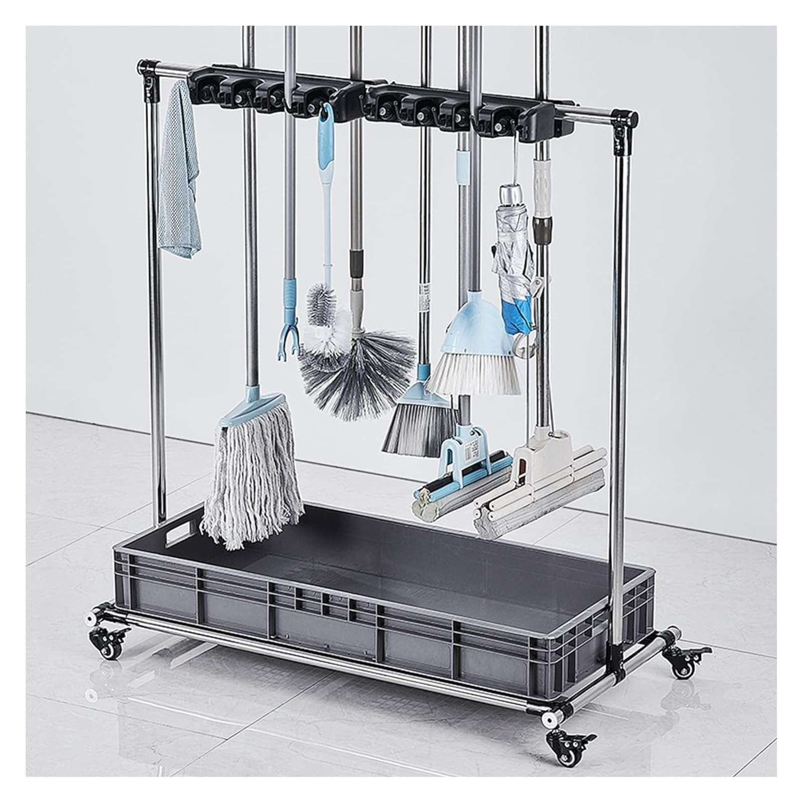 Carrello di pulizia mobile – Organizer per scopa e mocio, per prodotti per la pulizia da giardino e garage, ideale per la casa, la scuola e gli accessori per la pulizia del giardino