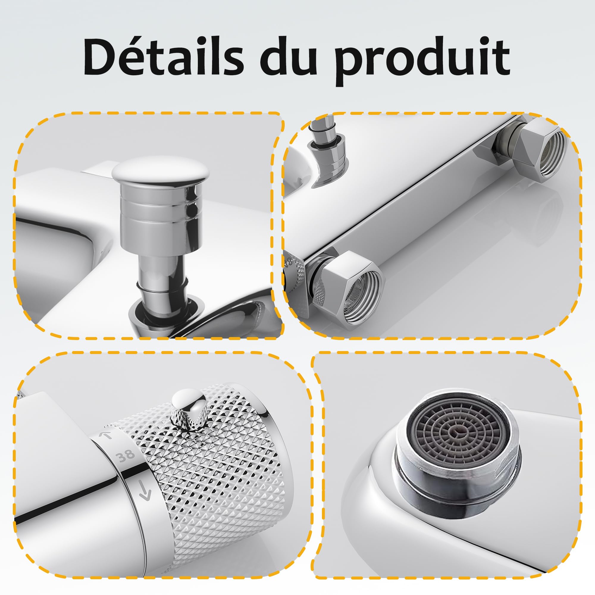 Mitigeur Baignoire Thermostatique,Robinet de baignoire avec arrêt de sécurité à 38°C,Mitigeur Thermostatique Bain,2 sorties,Chromé